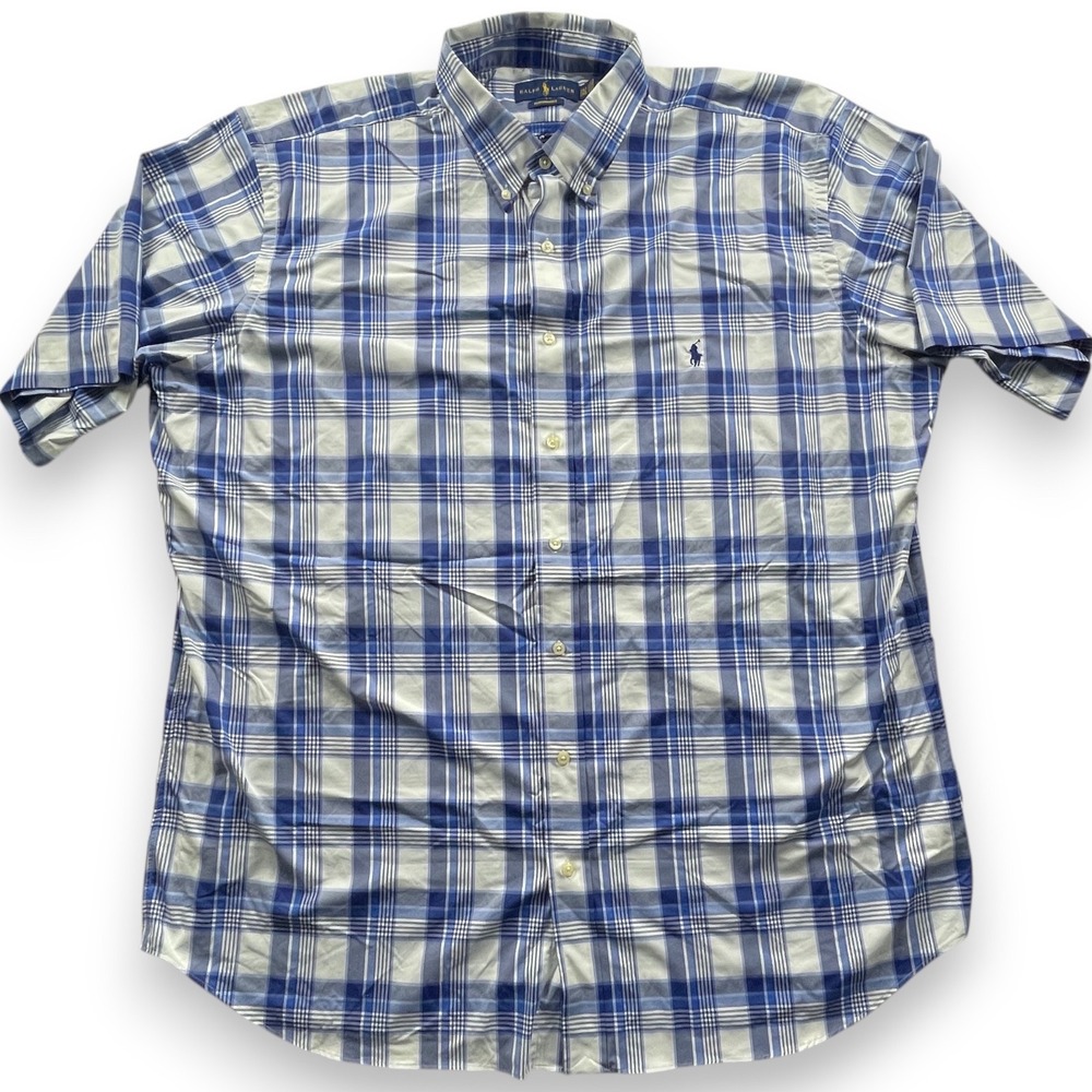 Ralph Lauren Performance Men 2XLT Blue White Plaid Short Sleeve Shirt